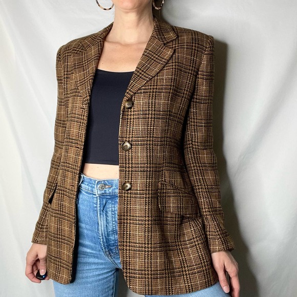 Vintage Jackets & Blazers - Vintage tweed glen plaid single breasted blazer jacket academia hourglass brown